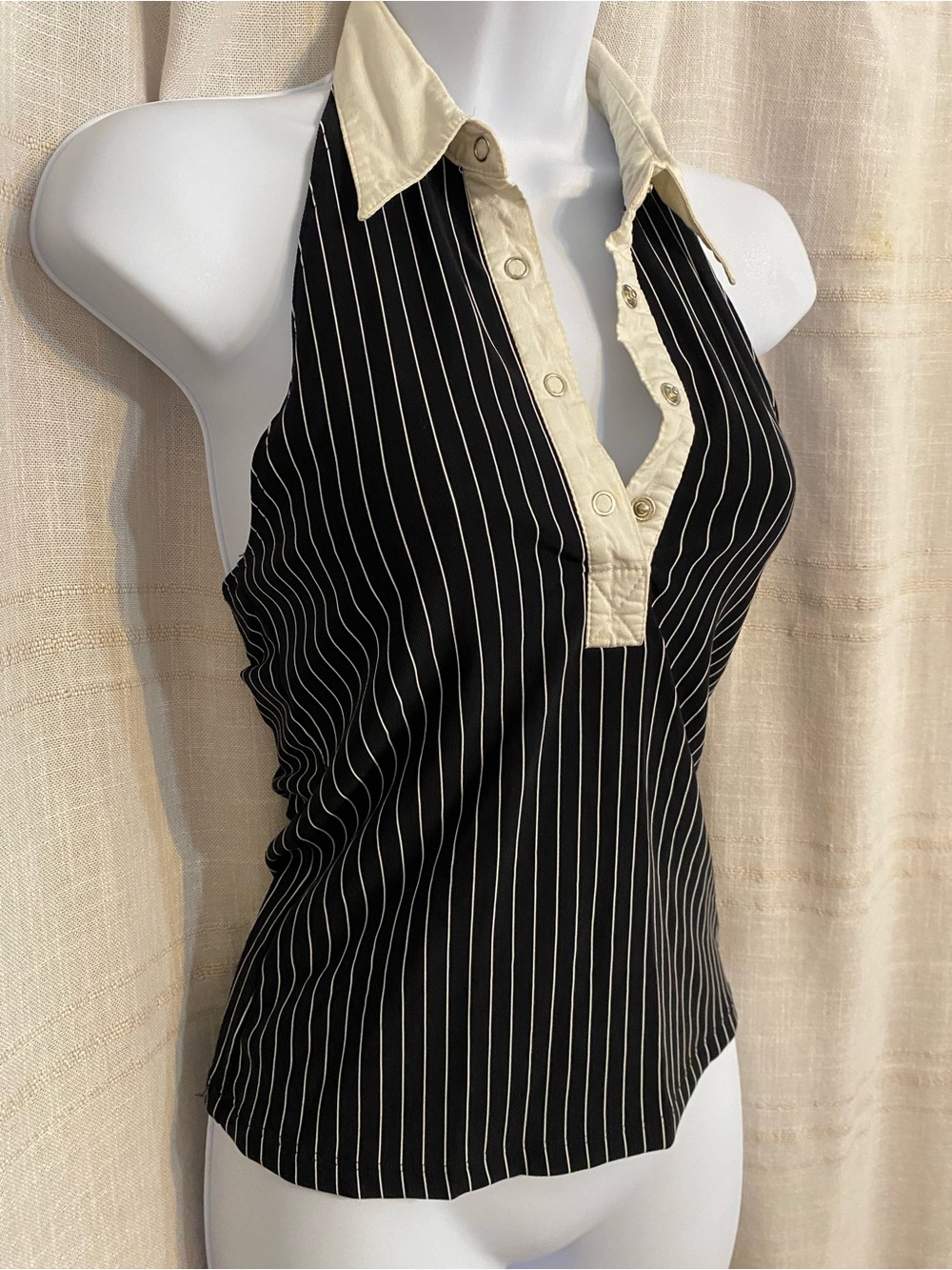 Vintage Lipstick Y2K Pinstripe Collared Halter Top Black White M